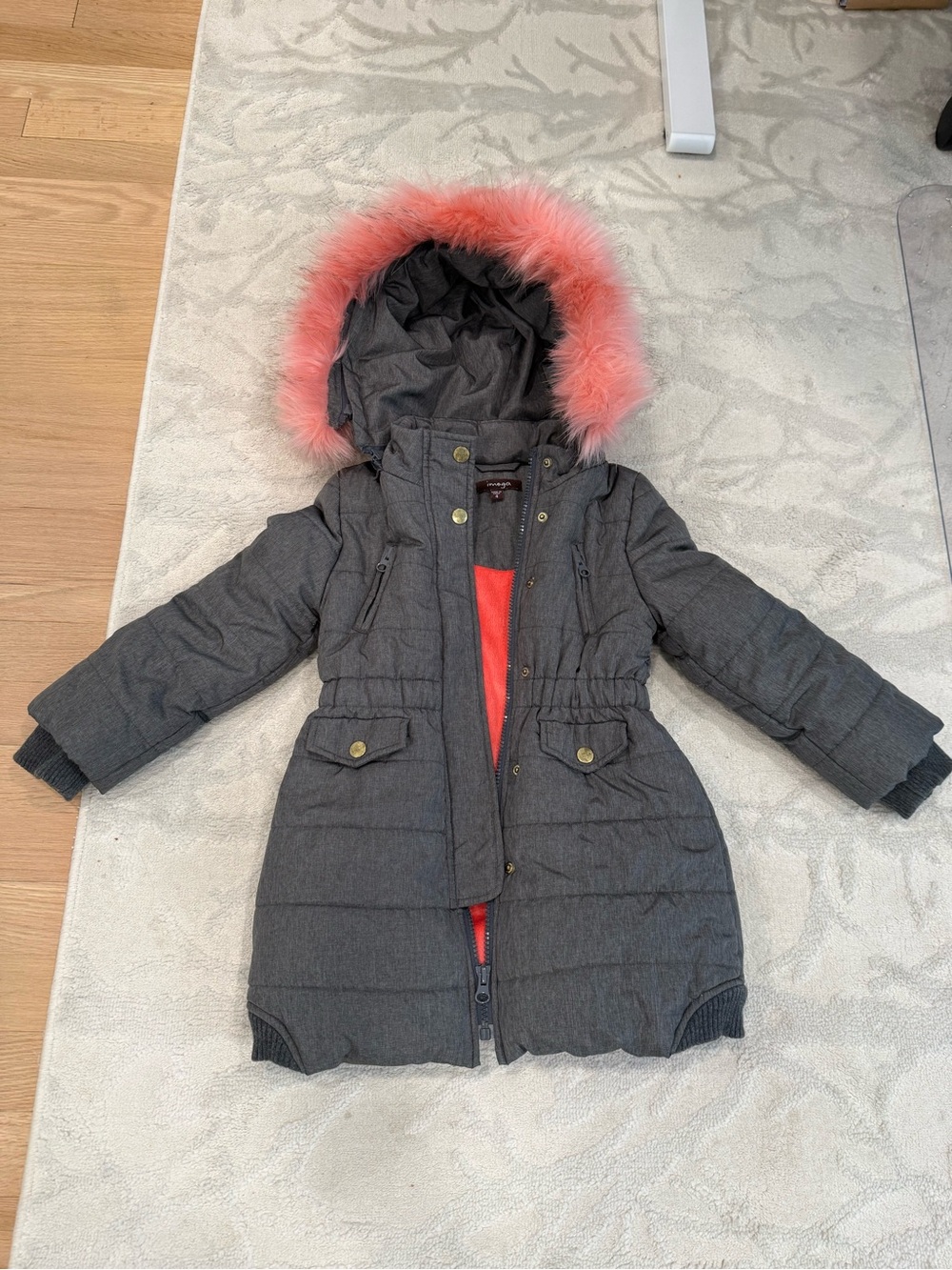 Imoga Gray Puffer Coat with Pink Faux Fur Hood